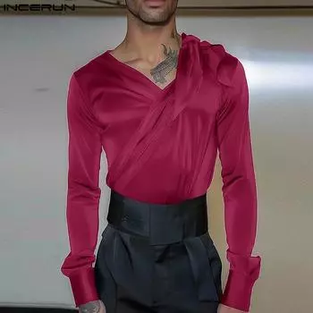 INCERUN Men Satin Shirts Long Sleeve V Neck Solid Color Ruffled Tops 4XL чёрный