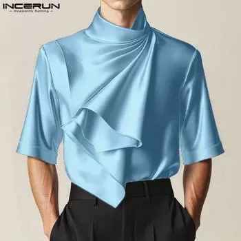INCERUN Men Satnd Neck Short Sleeve Ireegular Layers Casual Satin T-shirts Tops S чёрный