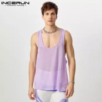 INCERUN Men See Through Sleeveless Tops Party Hollow Mesh Sheer Tanks 3XL белый