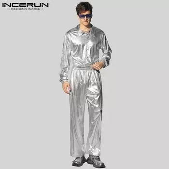 INCERUN Men Sets Two Pieces Lapel Neck Glitter Long Sleeve Shirts Trousers Party Outfits S чёрный