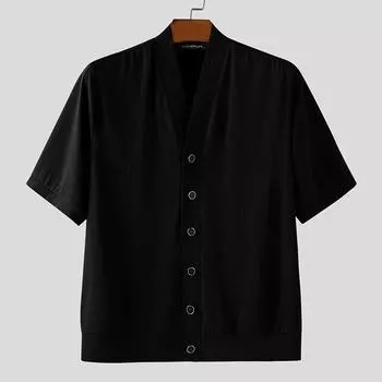 INCERUN Men Shirts Casual Collarless Short Sleeve Buttons Up Tops S