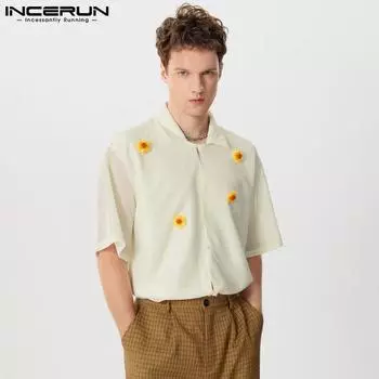 INCERUN Men Short Sleeve Floral Mesh Hollow T-shirts Summer Tops
