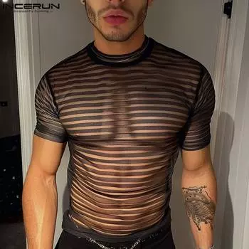 INCERUN Мужские полосатые прозрачные топы с коротким рукавом, тонкие сетчатые прозрачные футболки для вечеринок L чёрный