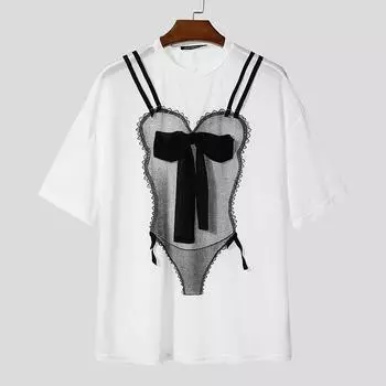 INCERUN Men Short Sleeves Funny Print See Through Casual Losee Tee Tops 4XL