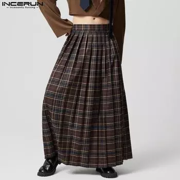 INCERUN Men Side Zip-Up Waist Plaid Print Pleated Skirt Culottes Pants S коричневый