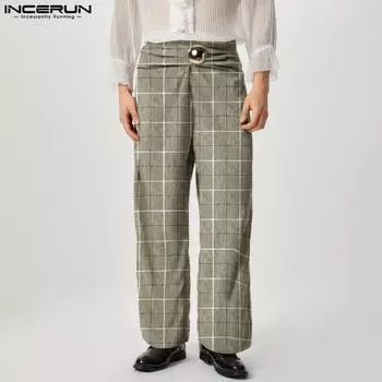 INCERUN Men Side Zipper Twisted Waist Plaid Print Long Pants Wide Leg Trousers S чёрный