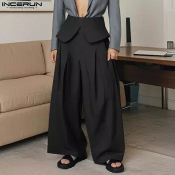 INCERUN Men Side Zipper Wrap Waist Casual Loose Wide Legs Pants Long Trousers S чёрный