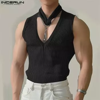 INCERUN Мужские безрукавки с вырезом V-образным вырезом в полоску, повседневные трикотажные жилеты 2XL чёрный