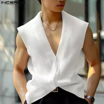 INCERUN Мужские однотонные трикотажные майки без рукавов с глубоким V-образным вырезом 3XL чёрный