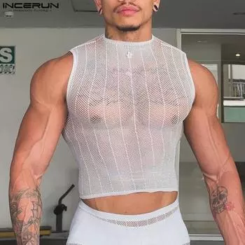 INCERUN Men Sleeveless Fishnet See Through Short Tank Tops Mesh Crop T-shirts M