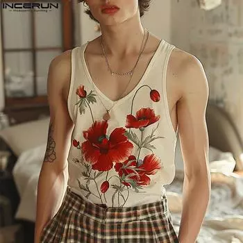 INCERUN Мужские майки без рукавов с цветочным принтом, повседневные, с V-образным вырезом, летний жилет 3XL бежевый
