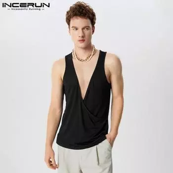 INCERUN Men Sleeveless Front Cross Tank Tops Casual Summer T-shirts M серый