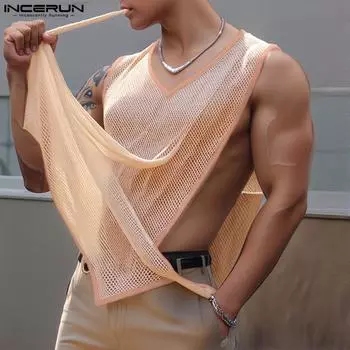 INCERUN Men Sleeveless Hollow Mesh Sheer Side Splits Lace-up Beach Tank Tops M