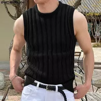 INCERUN Мужской вязаный полосатый жилет без рукавов, летние тонкие майки 3XL чёрный