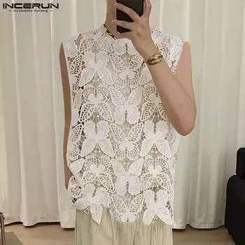 INCERUN Men Sleeveless Lace Crochet Tank Tops Casual Party Cover Up Hollow Out Vest