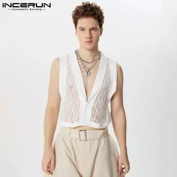 INCERUN Мужские кружевные укороченные майки без рукавов, вязаные крючком, короткий жилет для вечеринок L белый