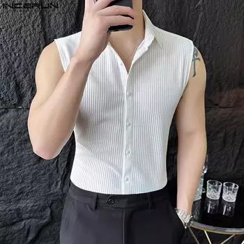 INCERUN Мужские безрукавки с лацканами, тонкие трикотажные жилеты, повседневные топы с открытыми плечами 4XL чёрный