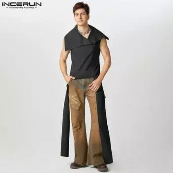 INCERUN Men Sleeveless Lapel Zipper Waistcoats Casual Long Ribbon Vest 2XL чёрный