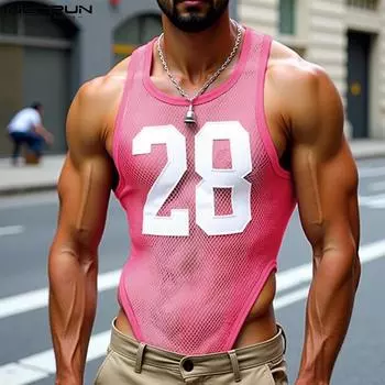 INCERUN Men Sleeveless Letter Print Mesh Bodysuits See Through Fitted Briefs Jumpsuits L