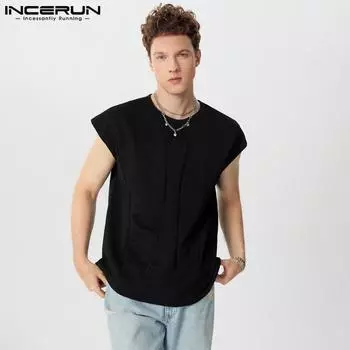INCERUN Мужские свободные топы без рукавов, повседневные фактурные майки, жилеты 4XL чёрный