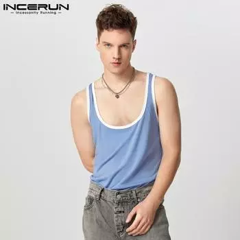INCERUN Men Sleeveless Low Cut Neck Strap Casual Gym Stitching Tank Tops 2XL розовый