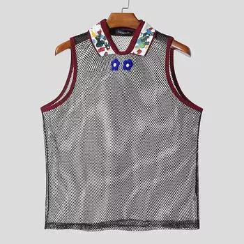 INCERUN Men Sleeveless Mesh See Through Stitching Flowers Embroidery Tank Tops S