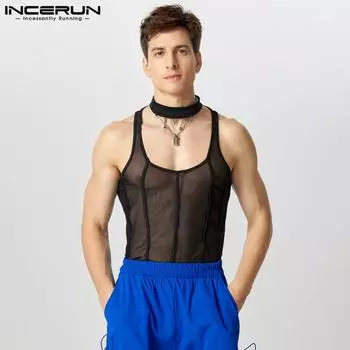 INCERUN Men Sleeveless Mesh Sheer Vest Home Party Bib Neck Tank Tops M чёрный
