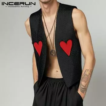 INCERUN Men Sleeveless Print Open Front Waistcoat Texture Vest 4XL чёрный