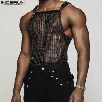 INCERUN Men Sleeveless See Through Glitter Tank Tops Mesh Strap T-shirts L
