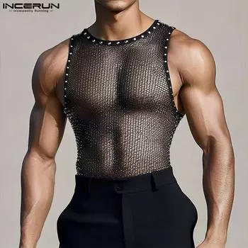INCERUN Men Sleeveless See Through Hollow Out Mesh Sheer Tank Tops T-shirts M