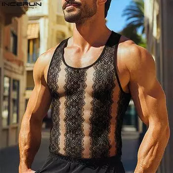 INCERUN Men Sleeveless See Through Lace Mesh Tank Tops S