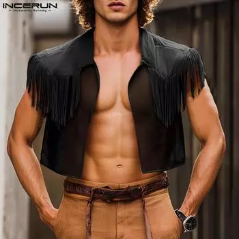 INCERUN Men Sleeveless Tassel Open Front Mesh Sheer See Through Tank Tops S