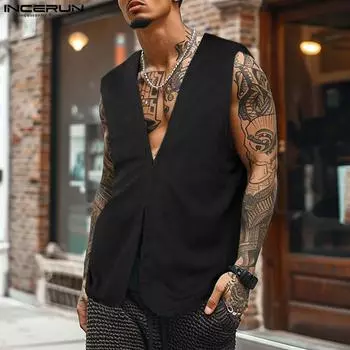INCERUN Мужские свободные майки без рукавов с открытой передней частью и текстурой S чёрный