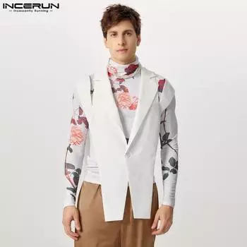 INCERUN Men Sleeveless Waistcoats Cutout Splits Shawl Vest S чёрный