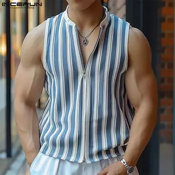 INCERUN Men Sleeveless Zipper Up Tank Tops Summer Casual Striped Knitted Vest 3XL синий