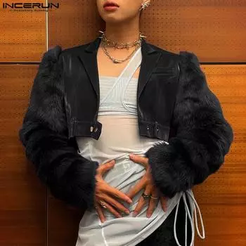 INCERUN Men Spirng Long Sleeve Furry Fleece Pu Leather Jackets Cropped Coats M синий
