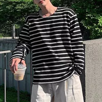 INCERUN Мужские полосатые топы с длинным рукавом весна-осень повседневные текстурные пуловеры S чёрный