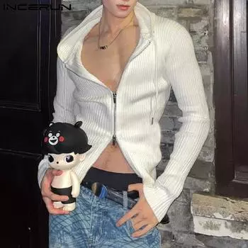 INCERUN Мужские свитера с длинным рукавом на молнии, весна-осень, повседневные облегающие джемперы с капюшоном 4XL чёрный