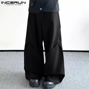 INCERUN Мужские весенние брюки с эластичной талией, свободные, многослойные, пэчворк, длинные, широкие S чёрный