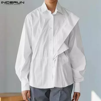 INCERUN Мужские весенние рубашки с воротником-лацканом и длинным рукавом, на пуговицах, с оборками L чёрный
