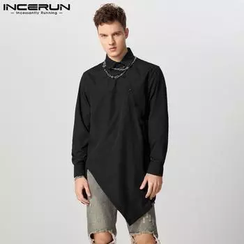 INCERUN Мужские весенние рубашки с воротником-лацканами и длинным рукавом, повседневные длинные топы S чёрный
