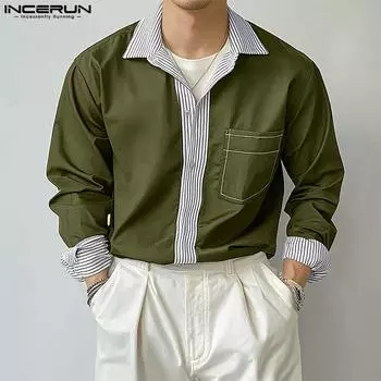 INCERUN Men Spring Lapel Neck Long Sleeve Stitching Striped Casual Buttons Shirts 4XL чёрный
