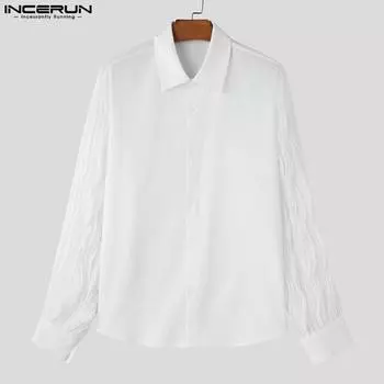 INCERUN Men Spring Lapel Neck Ruffled Long Sleeve Texture Buttons Casual Shirts S белый