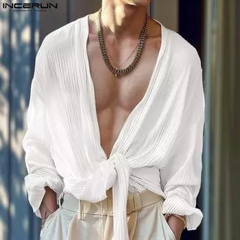 INCERUN Мужской весенний вязаный кардиган с длинным рукавом и открытым передом на шнуровке S чёрный