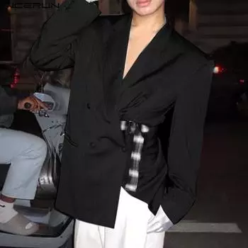 INCERUN Men Spring Long Sleeve Plaid Belt Side Buckle Casual Loose Unlined Blazer Coats M чёрный