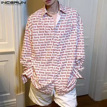 INCERUN Мужские весенние рубашки с длинным рукавом и принтом на пуговицах, свободные топы с лацканами M оранжевый