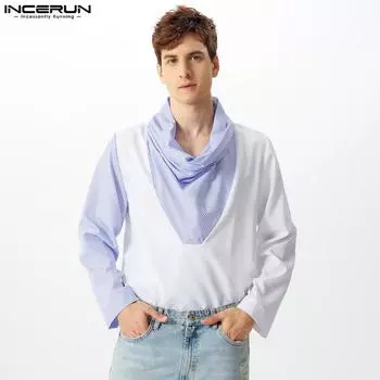 INCERUN Men Spring Long Sleeve Tops Cowl Neck Striped Patchwork T-shirts S чёрный