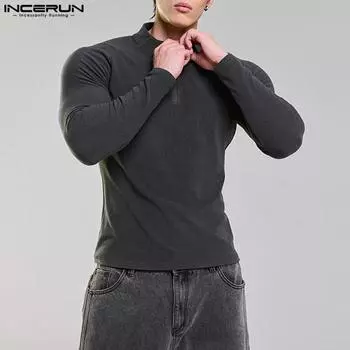 INCERUN Men Spring Long Sleeve Zip-up Neck Solid Color Casual Skinny T-shirts Tops 2XL красный