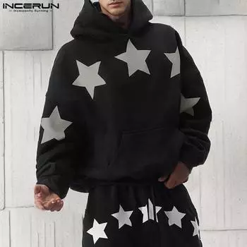 INCERUN Мужские весенние толстовки большого размера с длинным рукавом и принтом звезд. Толстовки с капюшоном. 4XL красный