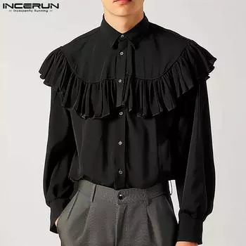 INCERUN Men Spring Ruffle Long Sleeve Tops Casual Buttons Shirts 3XL чёрный